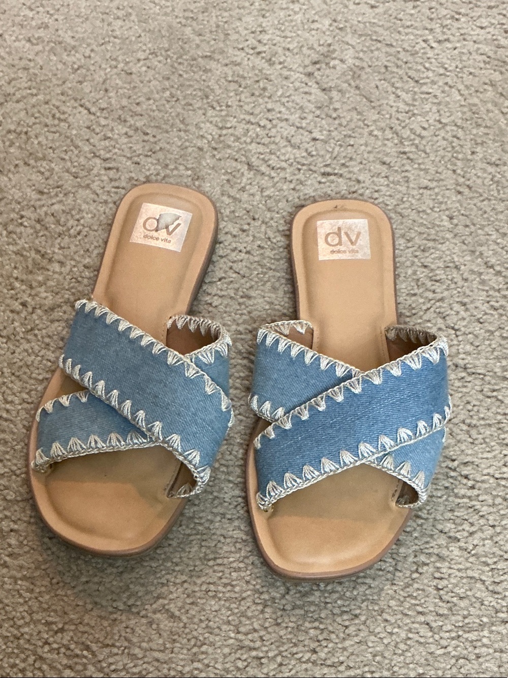 DV by Dolce Vita Denim Crisscross Slide Sandals - Blue and Tan